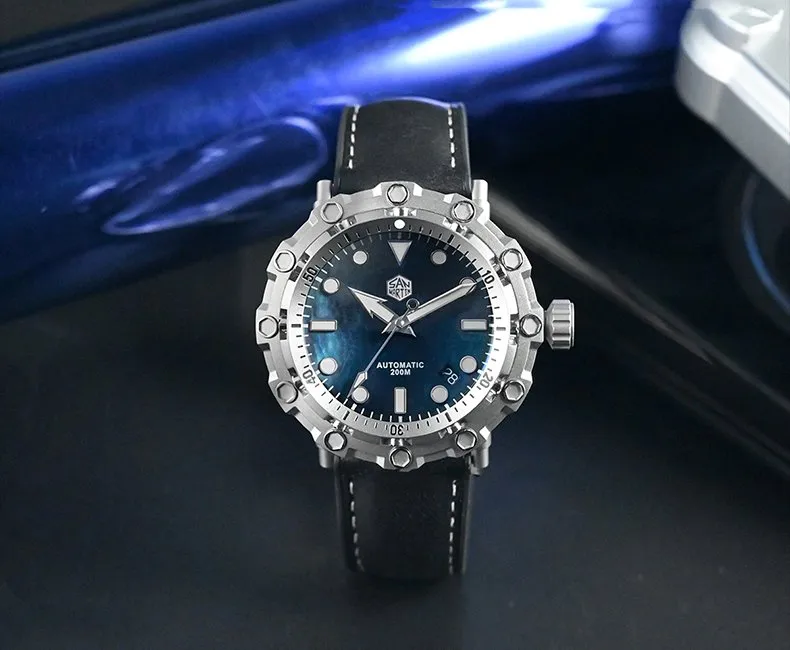 San Martin SN0025 45mm Grade 5 titanium octopus diver with mother-of-pearl dial on leather strap