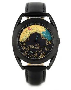 Mr Jones Paper Crane Limited Edition of 2020, gold-leaf crescent and clouds on a black dial with a red crane, black-finished case on black leather, front view