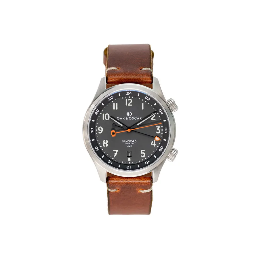 Oak & Oscar Sandford in steel, charcoal sandwich dial with internal 24-hour bezel and orange arrowhead GMT hand, on brown leather strap