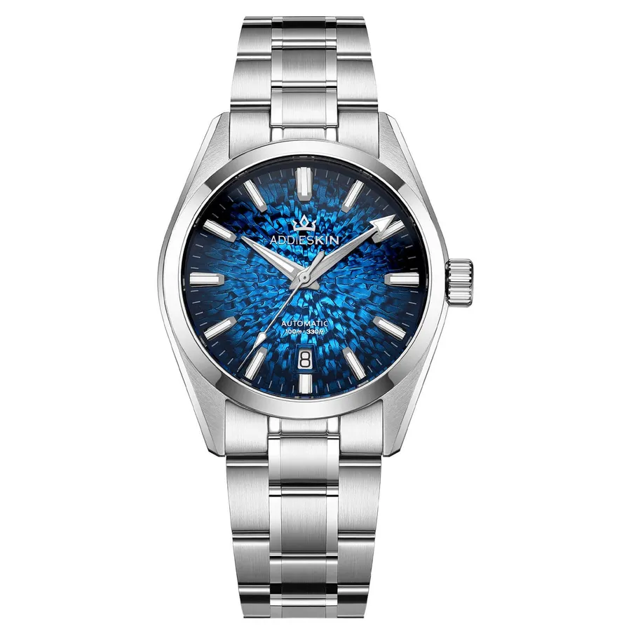 AddiesKIN K003 with blue ice-crack textured dial on a steel bracelet