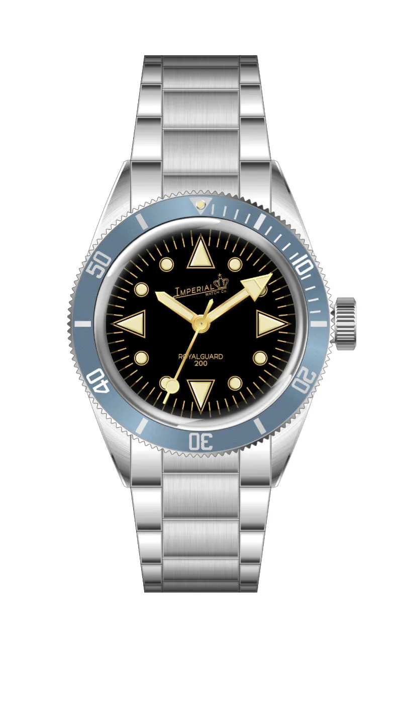 Imperial Watch Co. Royalguard 200, black gilt dial, faded blue bezel, on bracelet (render)