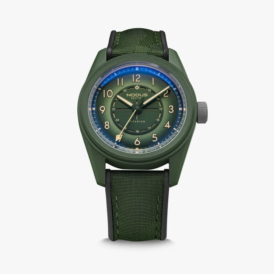 Nodus Sector II Field Titanium Cerakote Edition Canopy, green Cerakote case and gradient dial, on camouflage strap