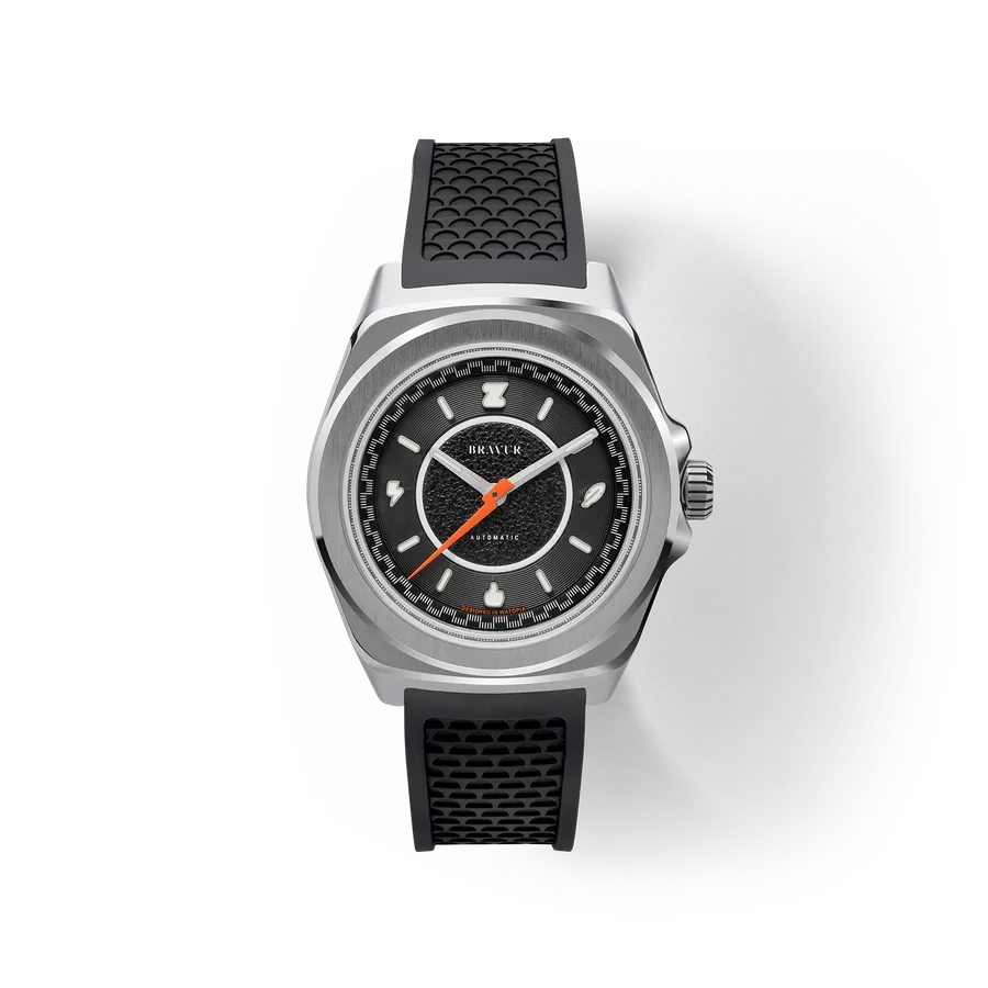 Bravur x Zwift with black lava-textured dial and orange seconds hand on a black FKM rubber strap