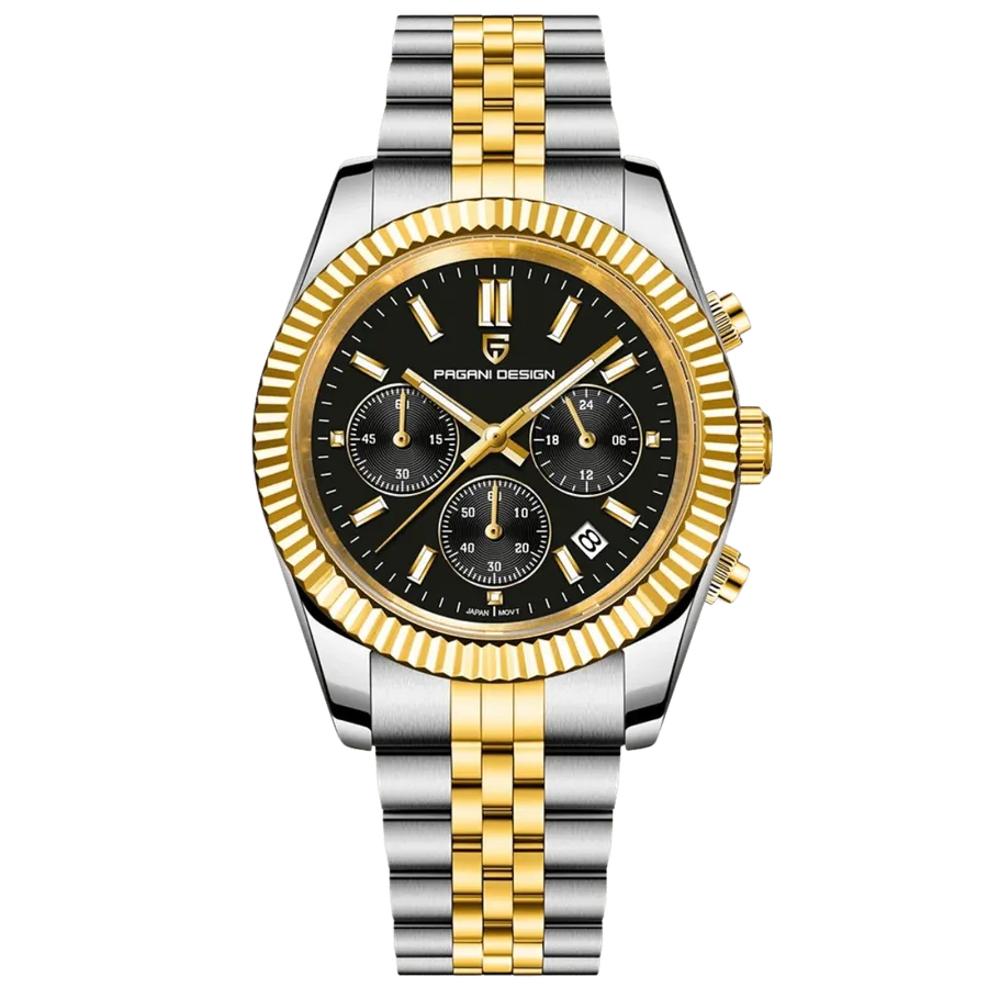 Pagani Design PD-1814 chronograph with black dial, gold-tone fluted bezel and steel and gold-tone Jubilee-style bracelet