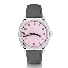 Fears Brunswick 40 Flamingo Pink with pink lacquer dial on a grey leather strap