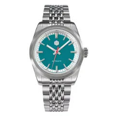 San Martin SN0106-G-3 with matte blue dial and red seconds hand on seven-link bracelet