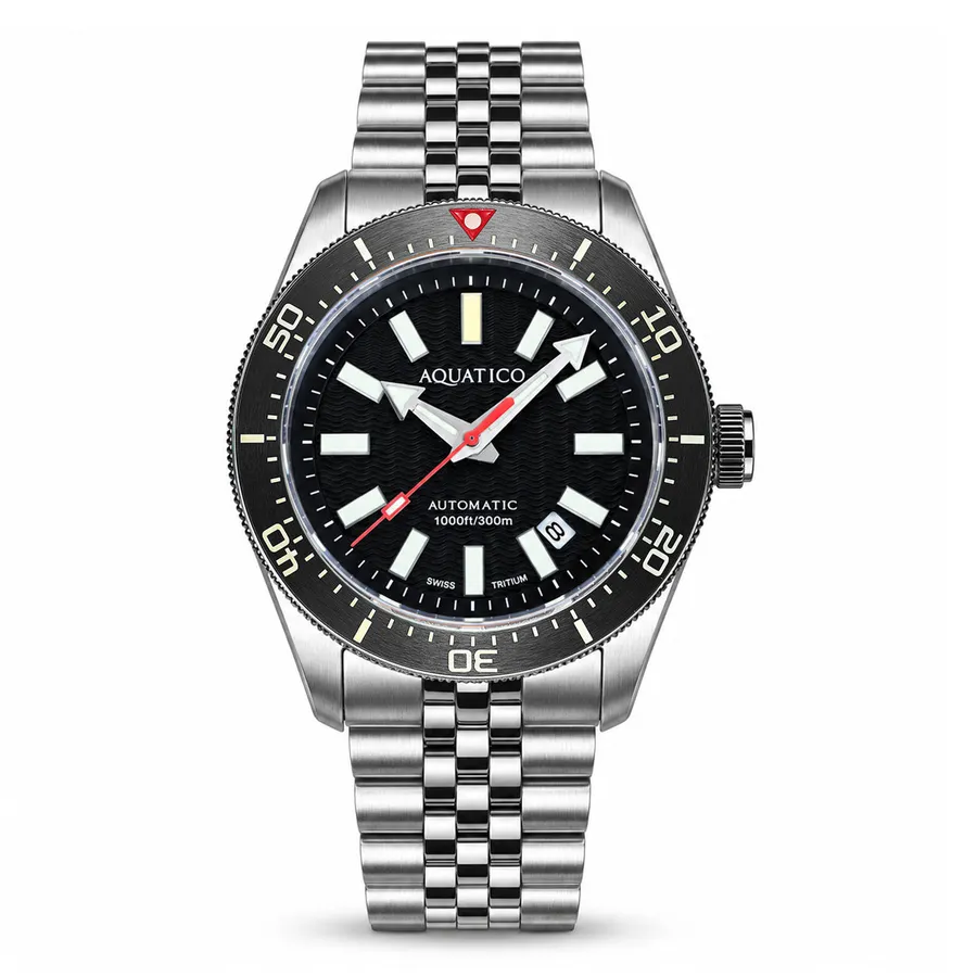 Aquatico Sea Recon Tritium with black dial, black ceramic bezel and date, on the jubilee bracelet