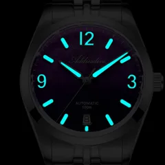 Addiesdive AD2547 lume shot of the purple dial, with blue-glowing hands, numerals and markers