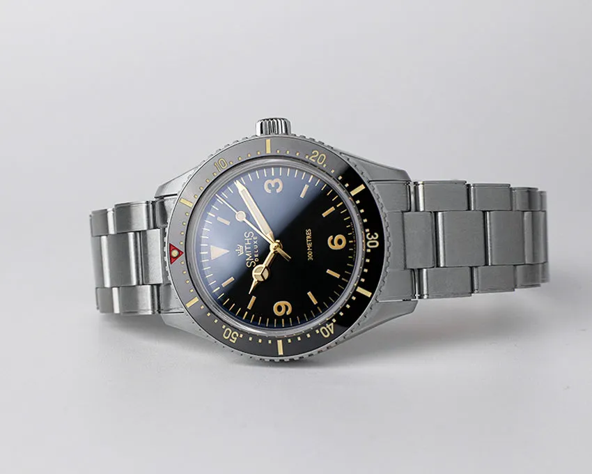Timefactors Smiths Commander PRS-60, satin black dial with gilt minute track and Mercedes hands, black ceramic bezel, on steel bracelet