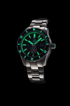 Zelos Abyss 3 steel Turbine lume shot (dial, turbine, bezel and crown lumed)