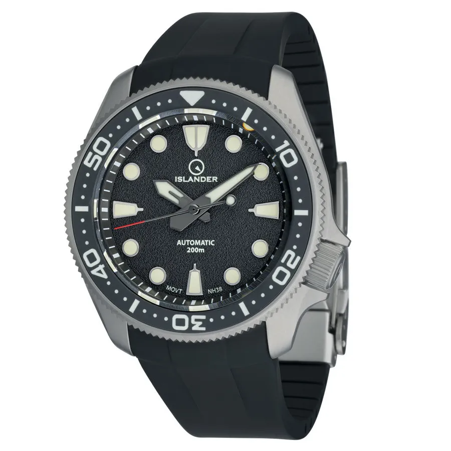 Islander Sands Point titanium diver with black sand dial and black bezel on black rubber strap