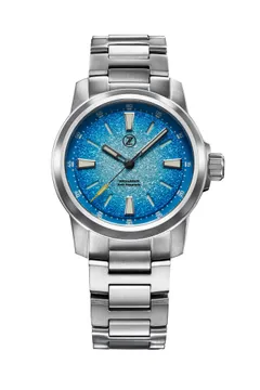 Zelos Aurora Field 38mm Ti, ice blue granite-textured fumé dial
