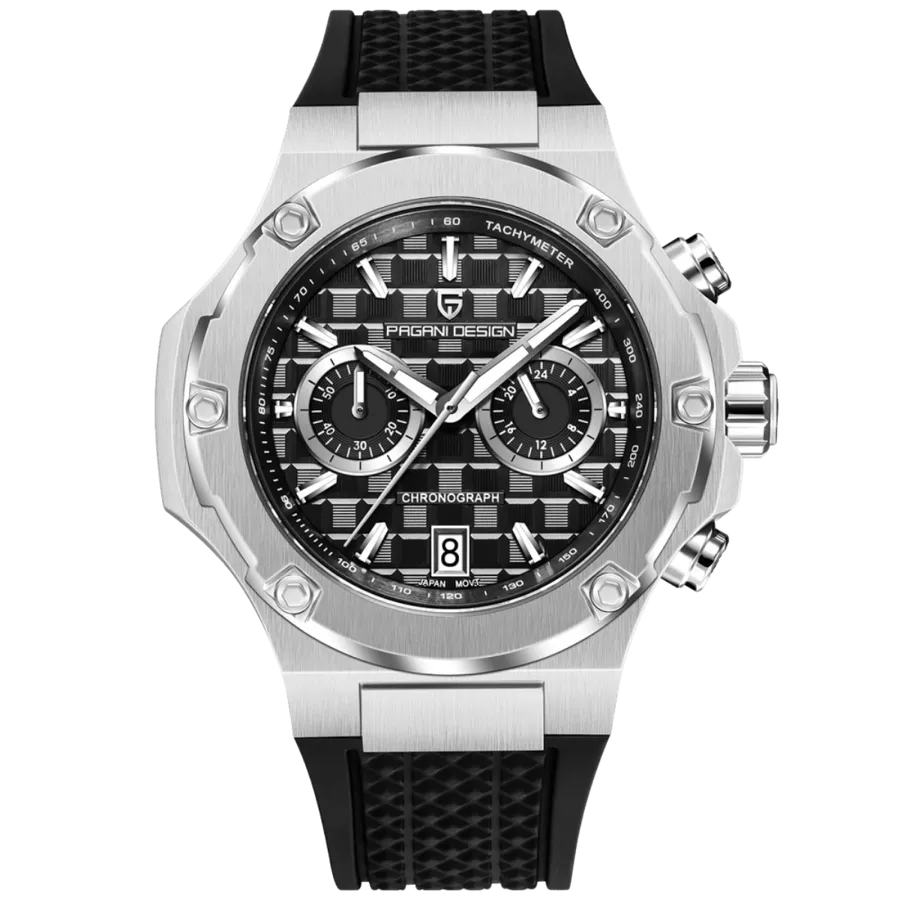 Pagani Design PD-YS032 quartz chronograph, steel case and screwed bezel, black check-pattern dial with counters at 3 and 9, date at 6 and tachymeter flange, on black rubber strap