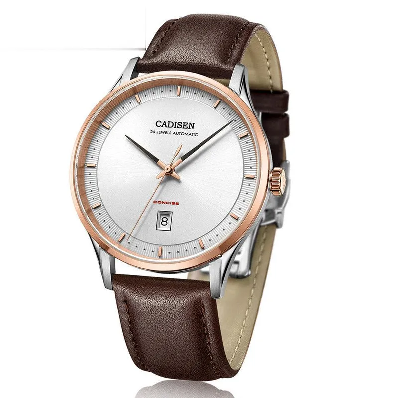 Cadisen C8143 automatic with white dial, date at 6 and rose gold-tone bezel on a brown leather strap