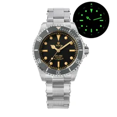 Watchdives WD5513P with vintage black dial and yellow Benz hands on the 3-link bracelet, with lume shot