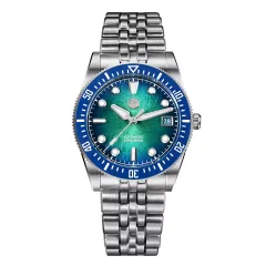 San Martin SN0148-GX1 37.5mm with gradient blue dial, blue ceramic bezel and bar hands on five-link bracelet