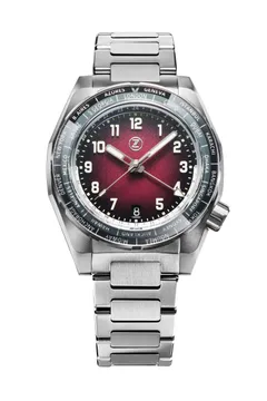 Zelos Thresher 41mm in titanium, burgundy dial, sapphire world-time bezel, on titanium bracelet