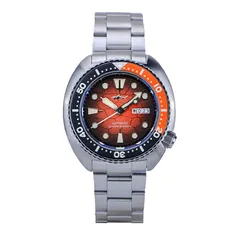 Heimdallr Sharkey Mini Turtle with red textured dial and black and orange bezel on steel bracelet