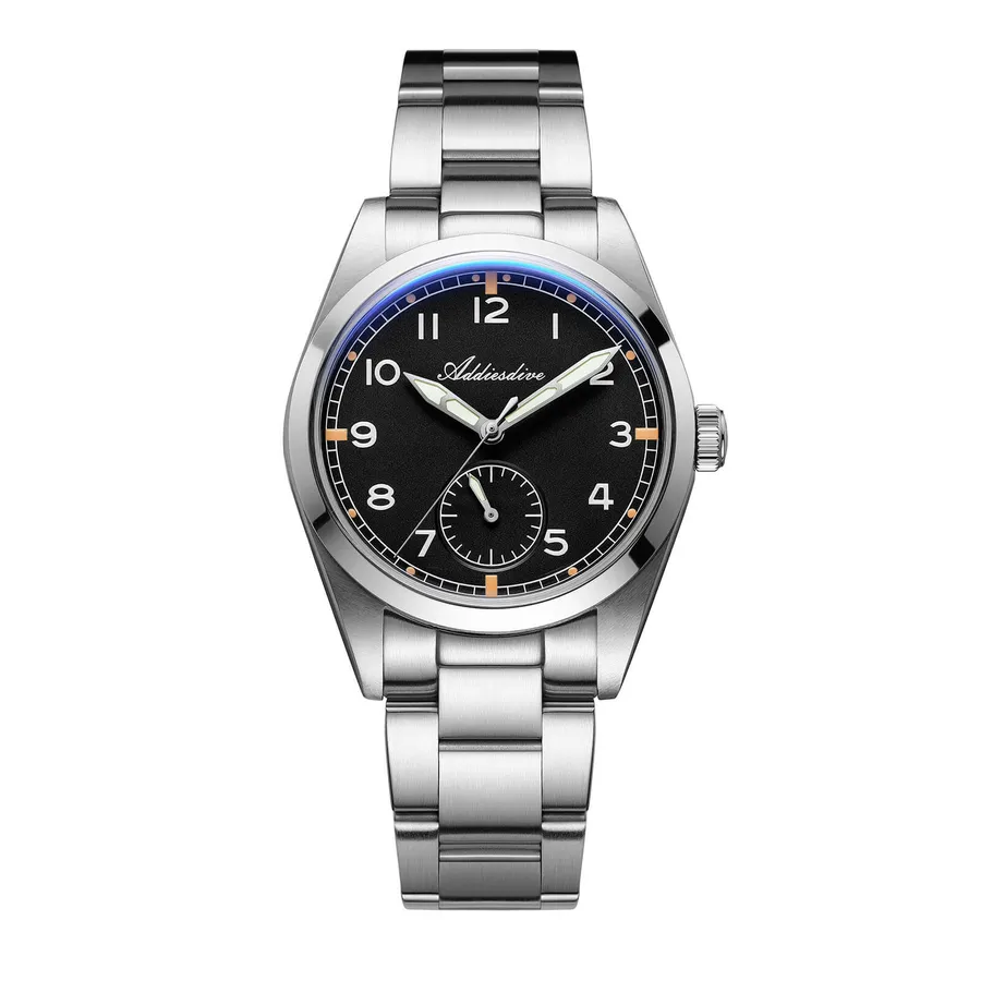Addiesdive AD2099 with black dial and 24-hour subdial at 6 on a three-link bracelet