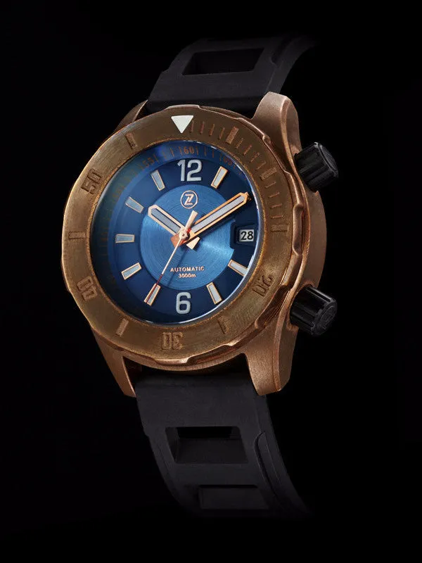Zelos Abyss 3000m Bronze, blue sunburst dial, bronze bezel, black DLC twin crowns, on rubber strap