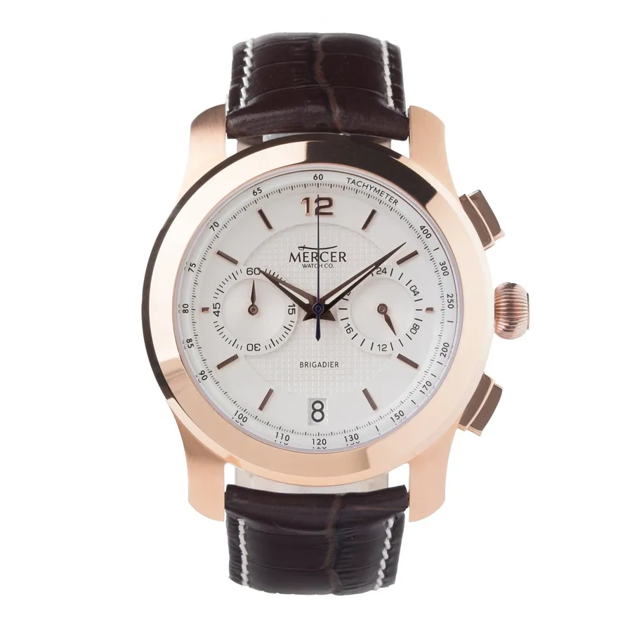 Mercer Brigadier Chronograph Rose, rose-gold-tone case with silver-white guilloche dial, tachymeter scale and date at 6, on a brown croc-embossed strap