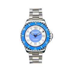 Bernhardt Binnacle Diver Atlantic Swell, white and light blue dial with blue bezel, on steel bracelet