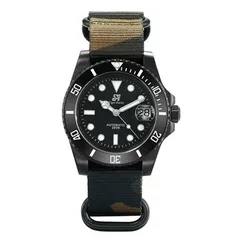 San Martin SN017-G-DLC black DLC case with black dial on camouflage nylon strap