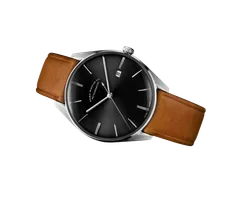 ELKA D04-0806, sunbrushed black dial with nickel applied indexes and date at 3, on cognac leather strap