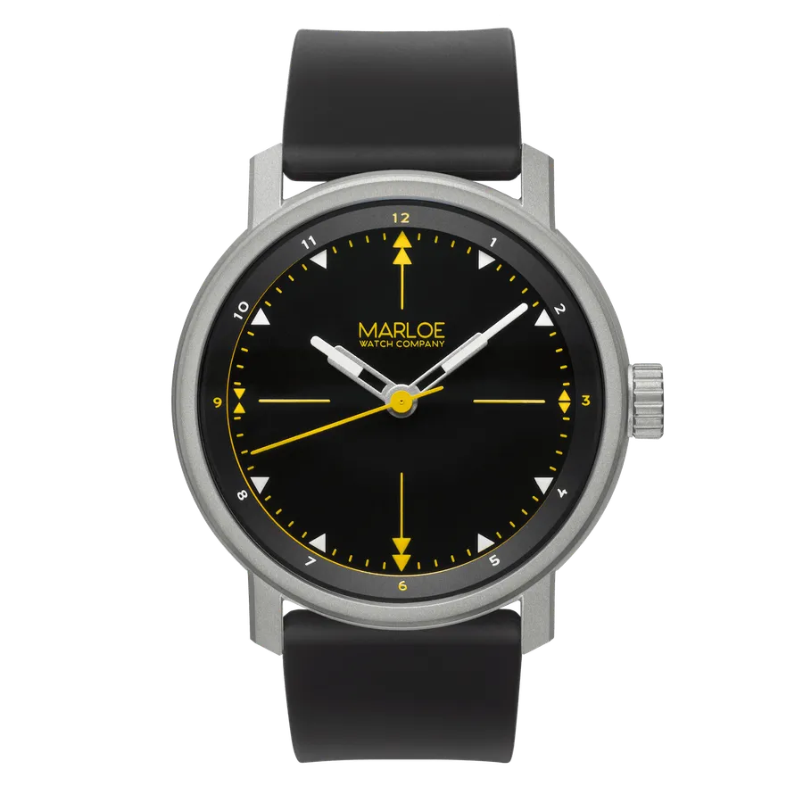 Marloe Solent Cardinal, black dial with yellow accents, on black strap