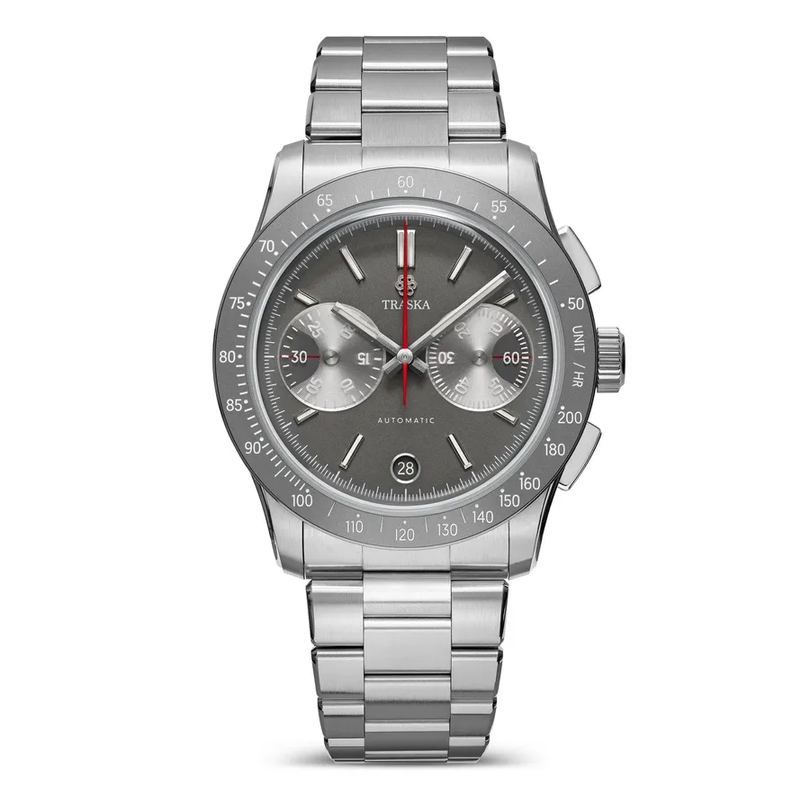 Traska Chronograph, gray dial with tungsten tachymeter bezel, on bracelet, front view