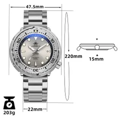 Addiesdive H5C dimension graphic on the bracelet (47.5mm, 15mm, 22mm, 220mm, 203g)
