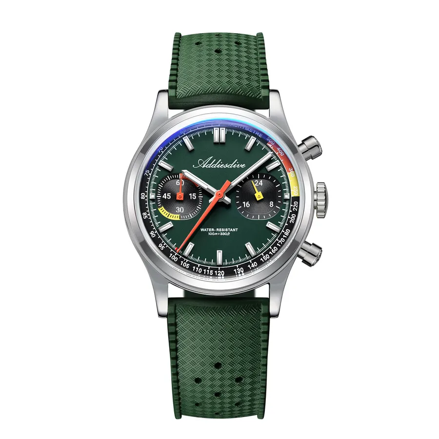 Addiesdive AD2549 racing chronograph with green dial, black sub-dials and green FKM strap