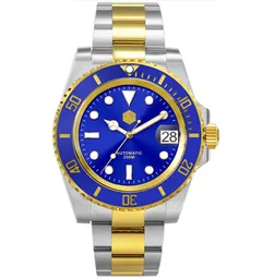 San Martin SN017-G-A two-tone with blue dial, blue bezel with gold numerals and gold PVD centre links