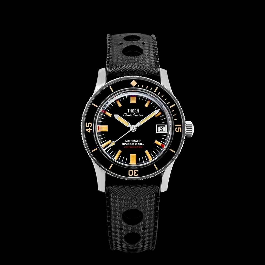 Thorn T006 Sbarakuda Fifty Fathoms-style diver with black dial, date at 3 and black sapphire bezel on a black rubber strap