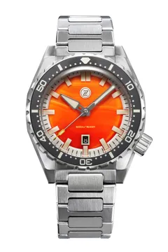 Zelos Thresher 44mm, red agate stone dial, black ceramic bezel, on steel bracelet