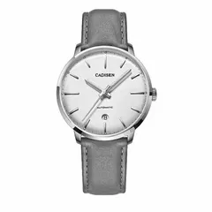 Cadisen C8163 automatic with white dial in a steel case on a grey leather strap