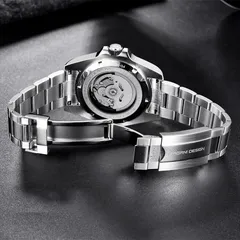 Pagani Design PD-1651 display caseback engraved "Water resistant 100M", showing a Seiko NH-type movement