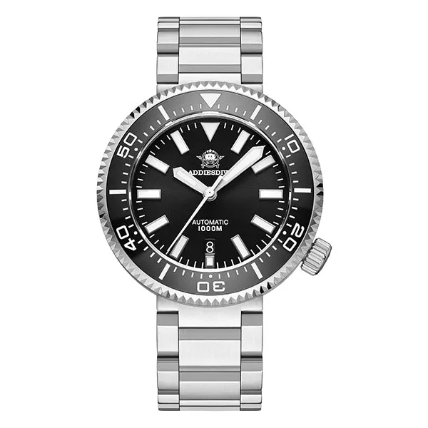 Addiesdive H6 with black dial and black ceramic bezel in a round 45mm case on a three-link steel bracelet
