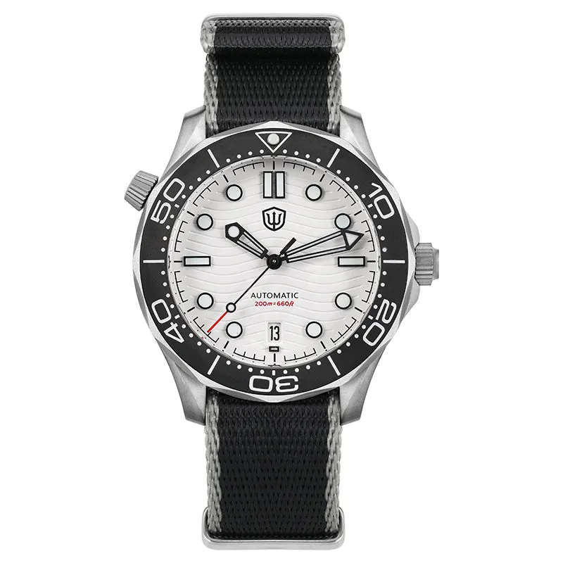 Watchdives WD007 V4 with white wave dial and black bezel on nylon strap