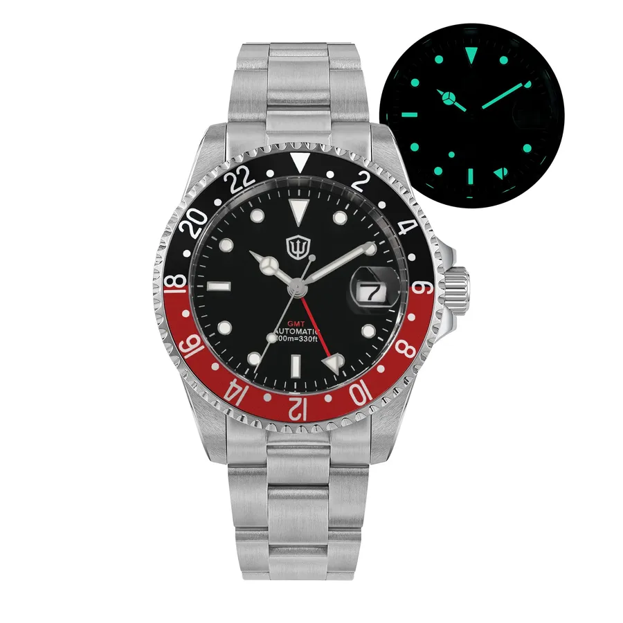 Watchdives WD0014 GMT with black dial, BGW9 lume and black/red bezel