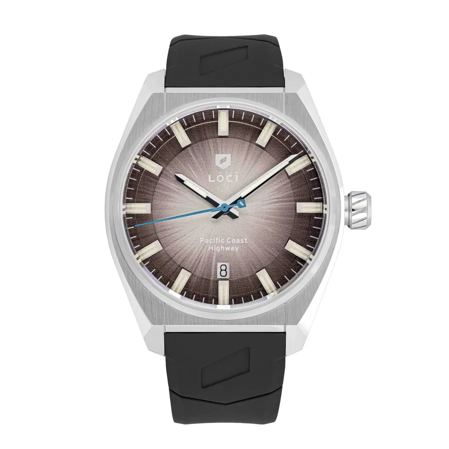 Lōcī Pacific Coast Highway Surfrider Beach, grey-brown sunburst dial, on black FKM rubber strap