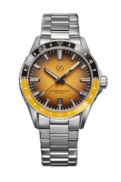 Zelos Spearfish GMT Bumblebee Yellow, yellow fumé dial and black and yellow 24-hour bezel, on steel bracelet