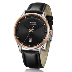Cadisen C8143 automatic with black dial and rose gold-tone bezel on a black leather strap