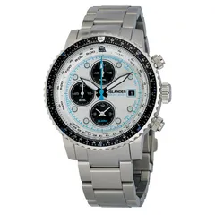 Islander Calverton flight chronograph with white dial, black subdials and blue accents on steel bracelet