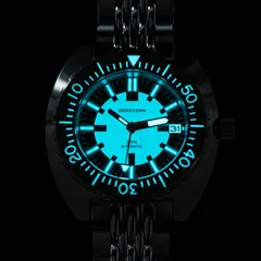 Seestern S406-2.01 lume shot showing the fully lumed dial and bezel markings