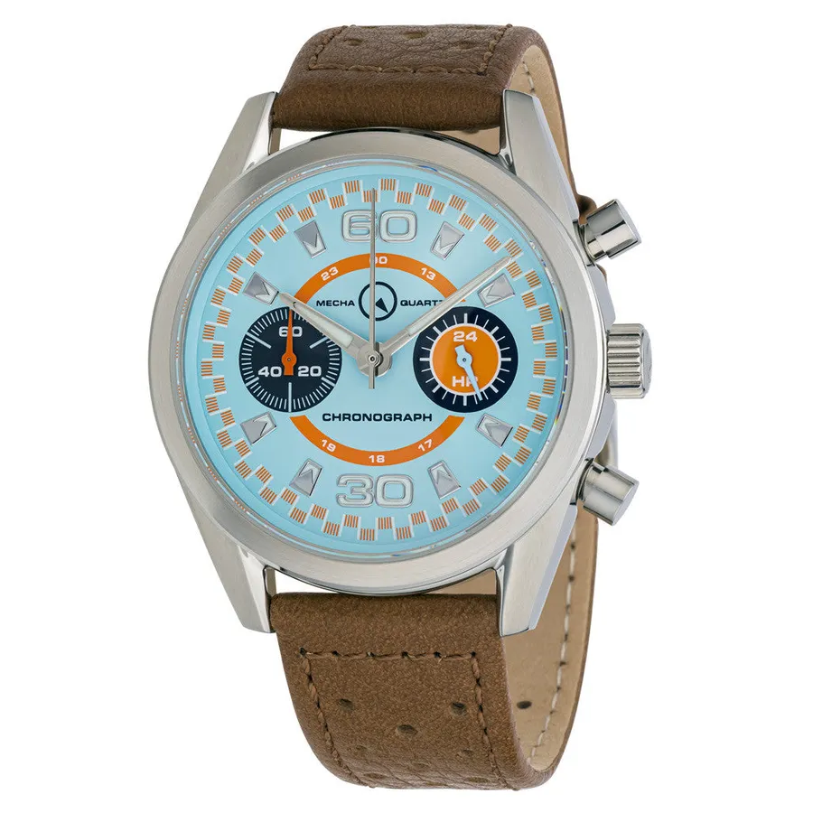 Islander DPA Mecha-Quartz Chronograph with light blue and orange dial on brown leather strap