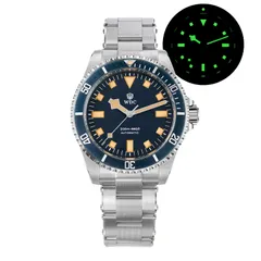Watchdives WD5513M no-date with blue dial, blue bezel and snowflake hands on the rivet bracelet, with lume shot