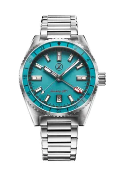 Zelos Blacktip 200m GMT Teal, teal sandblasted dial and teal 24-hour sapphire bezel, on steel bracelet