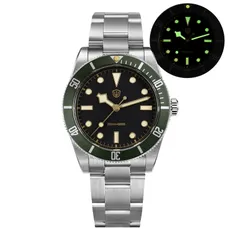 Watchdives WD7922 with black dial and green bezel on the 3-link bracelet, with lume shot