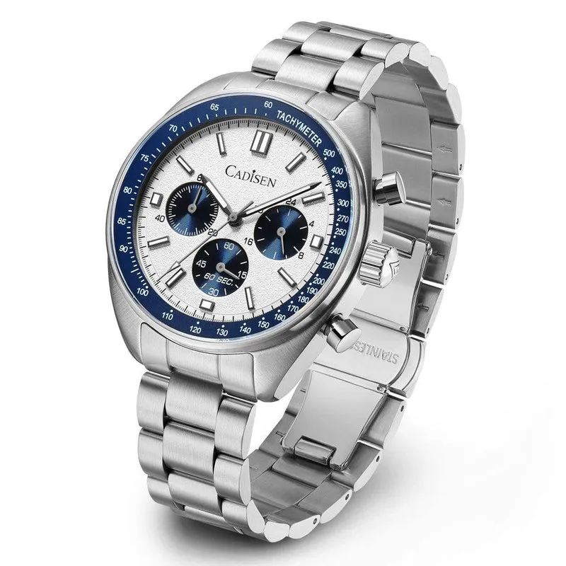Cadisen C7063 chronograph with white dial, blue subdials and blue tachymeter bezel on a steel bracelet